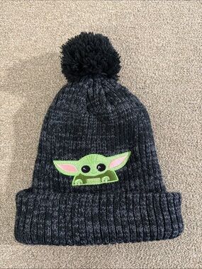 Star Wars Kids Black & Dark Gray Pom Beanie with Green Grogu Patch